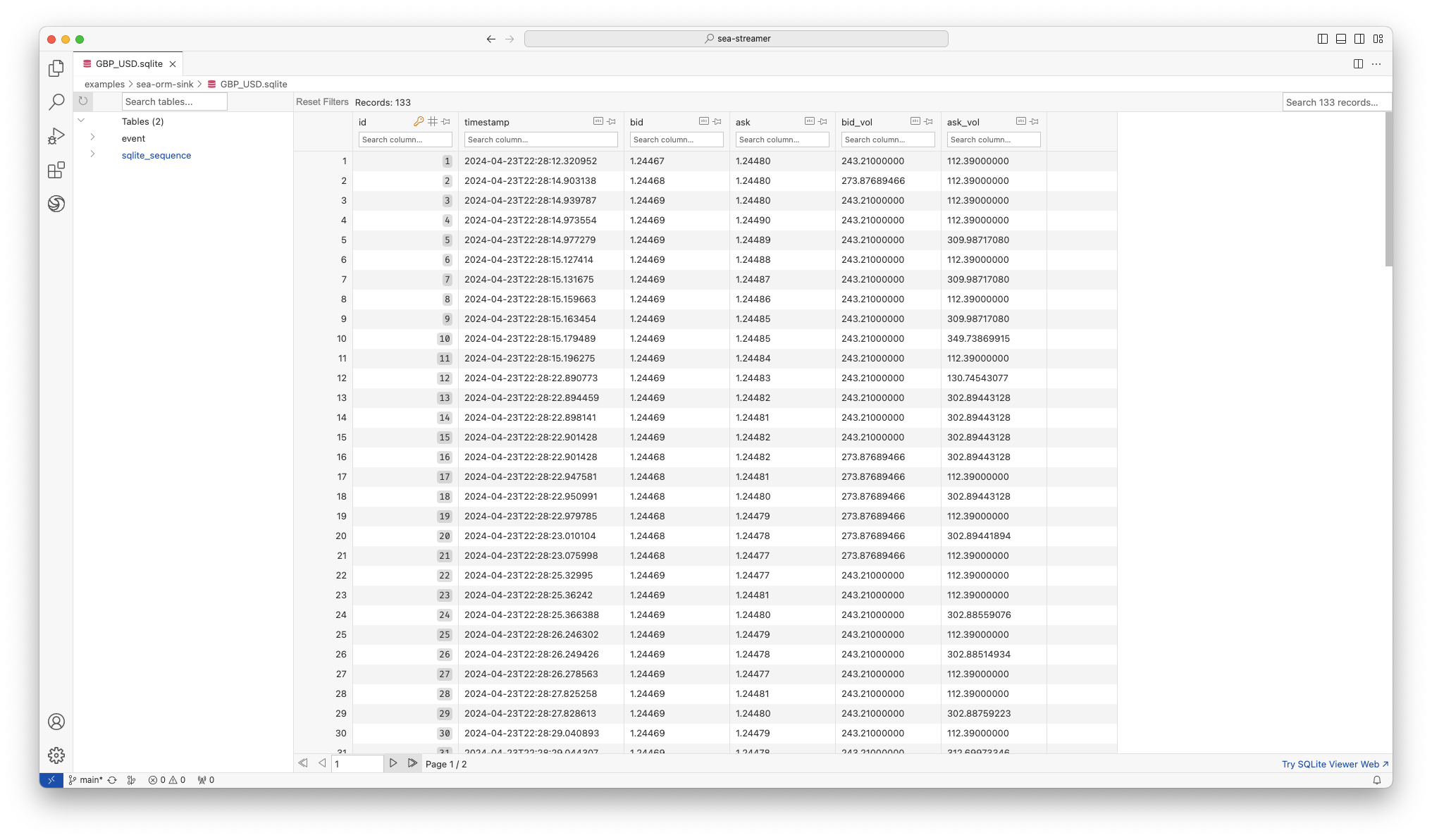 screenshot of SQLite database