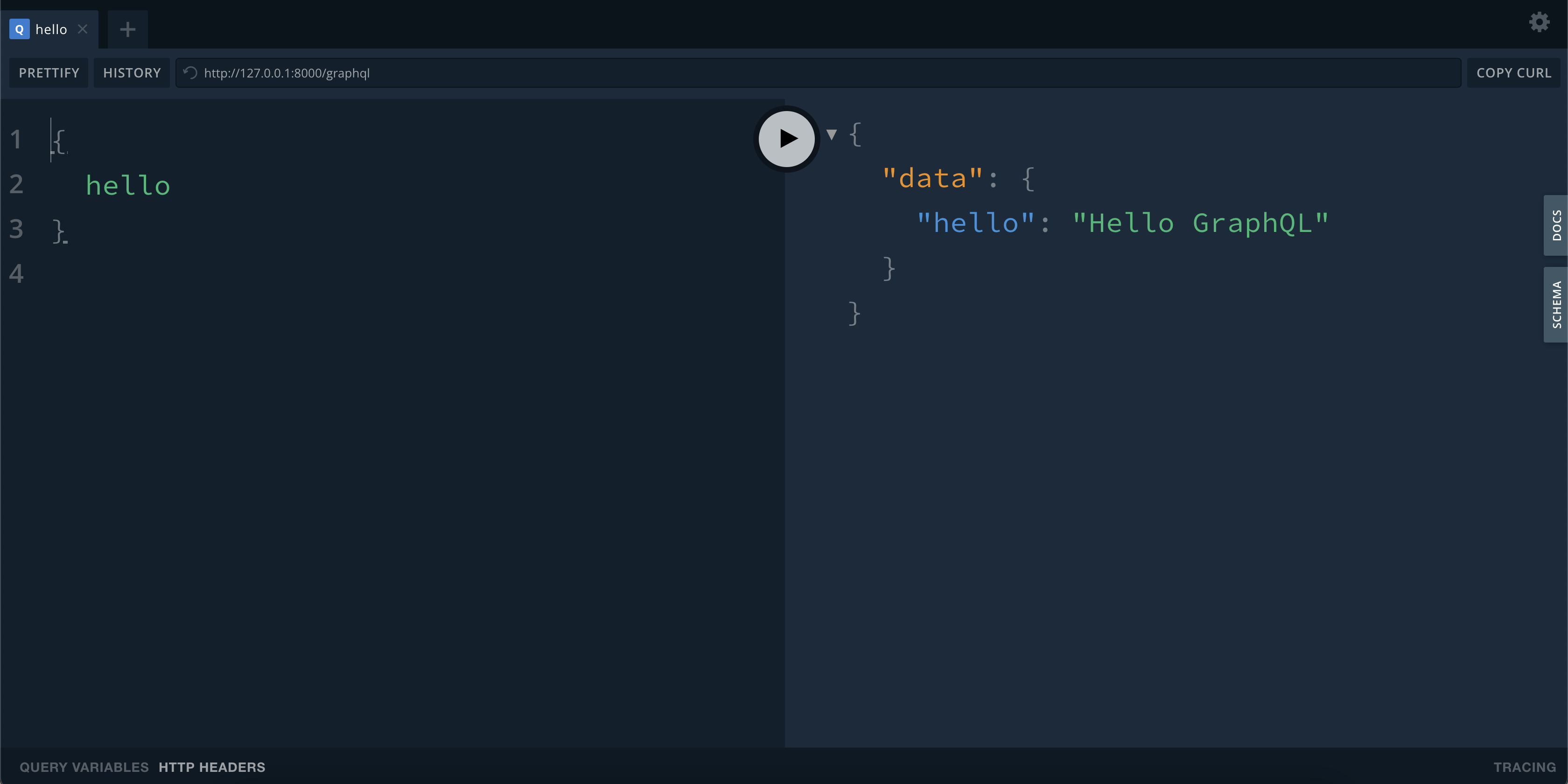 GraphQL Playground with the "hello" test request.