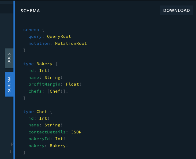 The schema can be viewed and exported in GraphQL Playground